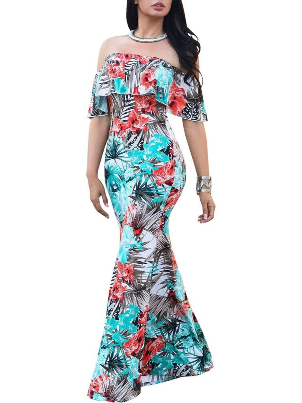 Women's Black Blue Ruffle Plain Floral Printed Off Shoulder Bodycon Long Maxi
